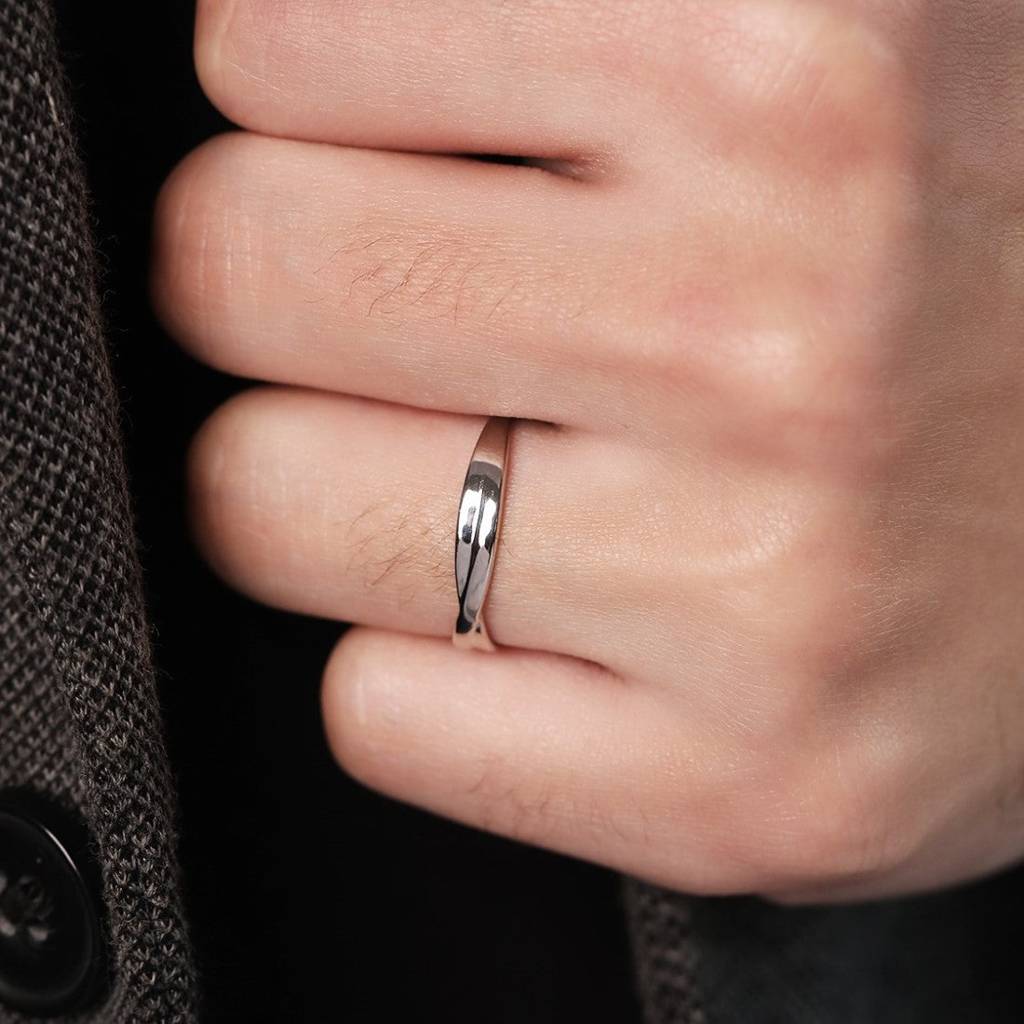 Crossed Paths Adjustable Rhodium-Plated 925 Sterling Silver Ring For Him (Adjustable) : RNG-40058