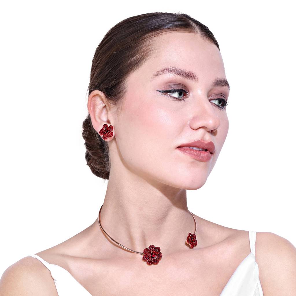 Exclusive Lightweight Ruby Red American Diamond Rose Motif Necklace Set With Rosegold Finish : AD-815-RGRBNKER