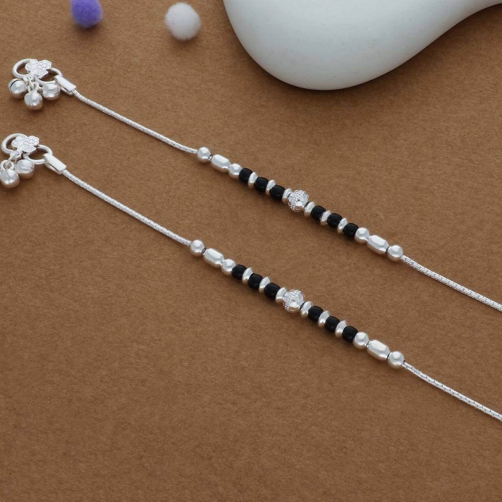 Black Beaded Traditional 925 Silver Kid Anklet (0–6 Months) : KA-TU-RH-R-115-P