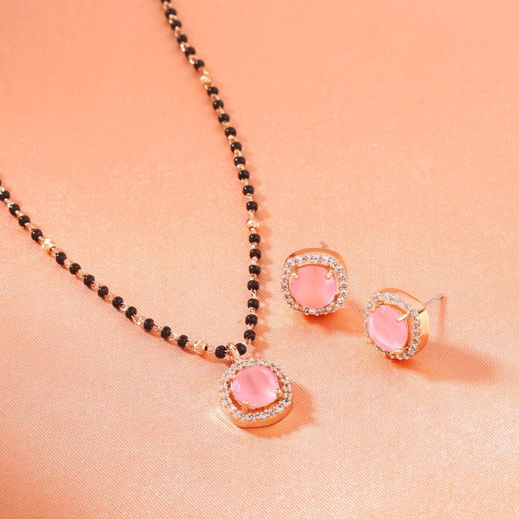 Estele Rose Gold Plated Cz Dazzling Mangalsutra Necklace Set With Mint Pink Stones For Women
