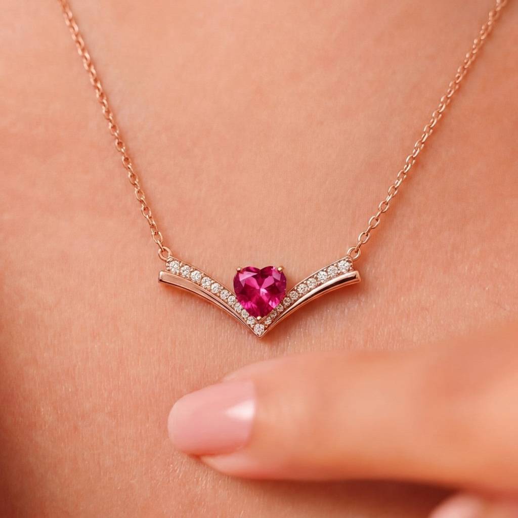 Ruby Heart Glow Rose Gold Plated 925 Silver Necklace : NL-30452-RG