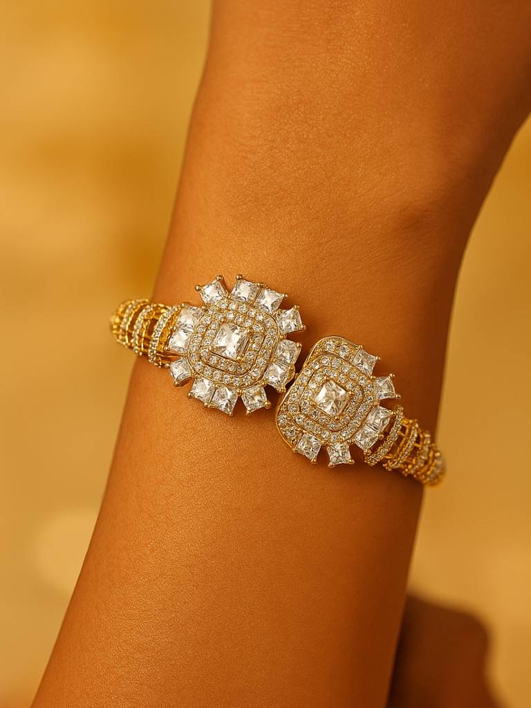 Ethnic White Stone Studded Cuff Â 18K Gold Plated, 316L Stainless Steel : S925B501EFSCW