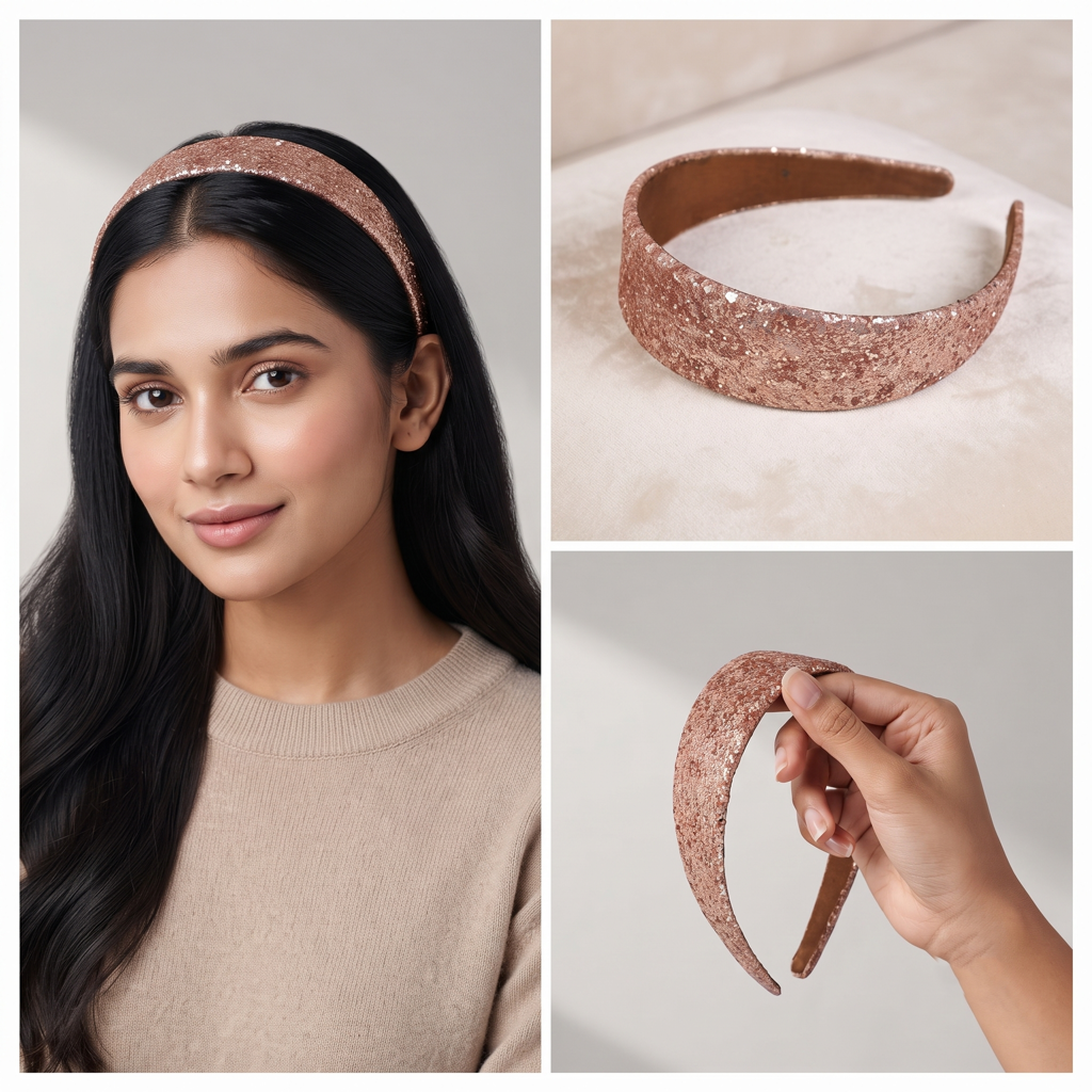 Rose Gold Glitter Padded Headband Handcrafted Fashion Jewelry For Women : SCDELHB0100