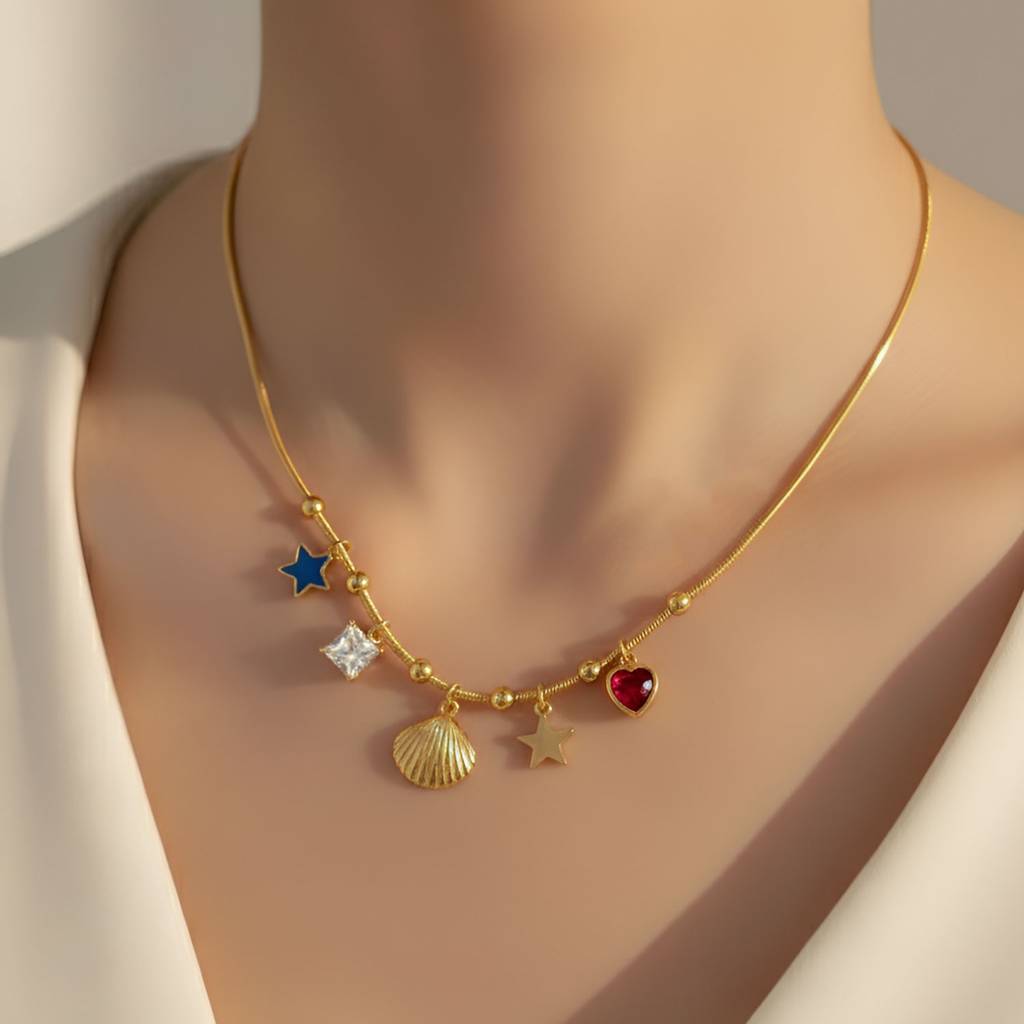 Gold Plated Star & Heart Charm Pendant Necklace : HSPS60MB1480