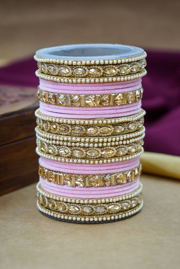 Premium Velvet Bangles Set – Wedding & Party Wear : HJ-28-24-PINK