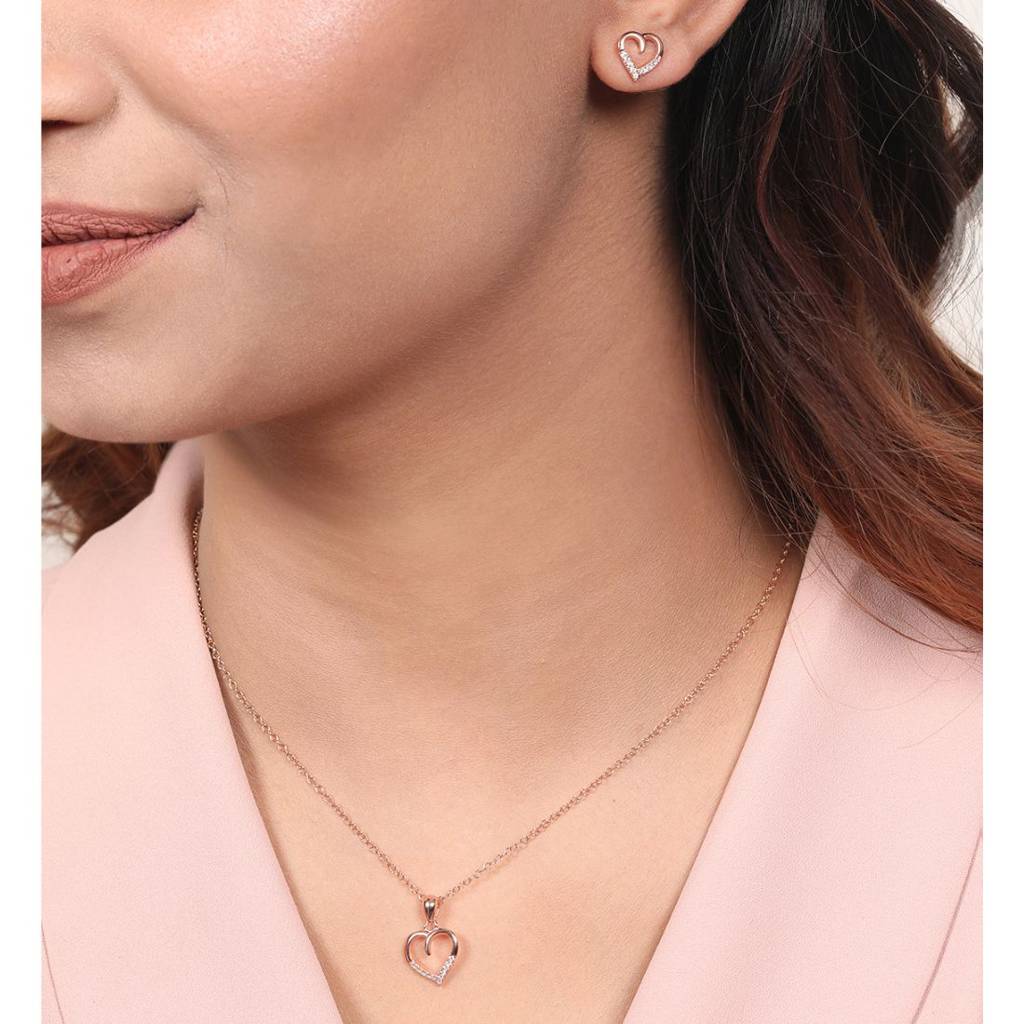 Rosy Devotion Cz-Heart 925 Sterling Silver Pendant With Chain : PEN-30107_C-RG
