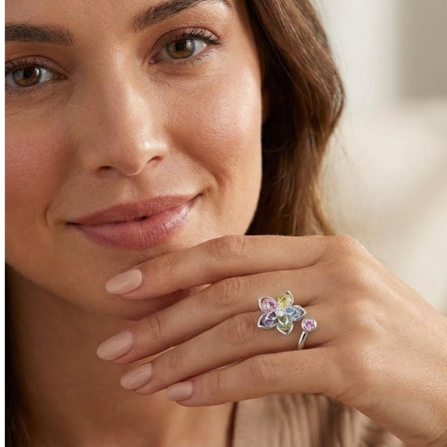 Colorful Floral Silver Plated Ring For Women | Playful Party Wear Jewelry : 2180459041
