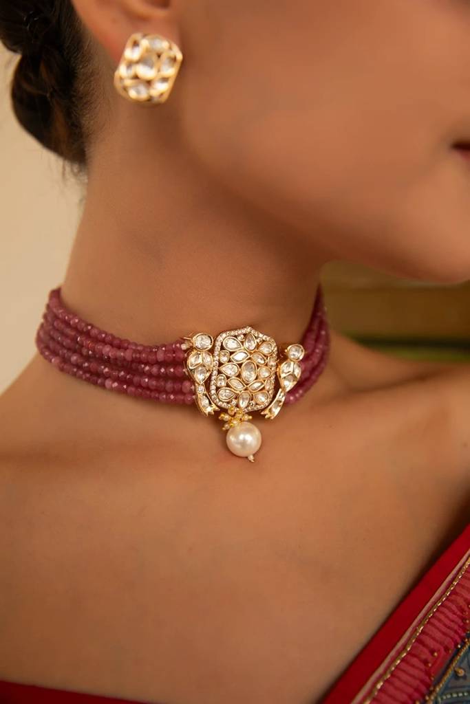 Kiran Sheesh Necklace Set With Ruby Beads & Polki Moissanite Pendant : XARCNSOS231