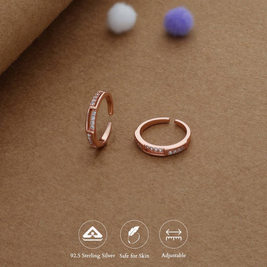 Iyal Crystal Line Rose Gold Silver Toering | 925 Hallmark | Adjustable | Lightweight | Fancy Wear : TR-FT-RG-U-133-P