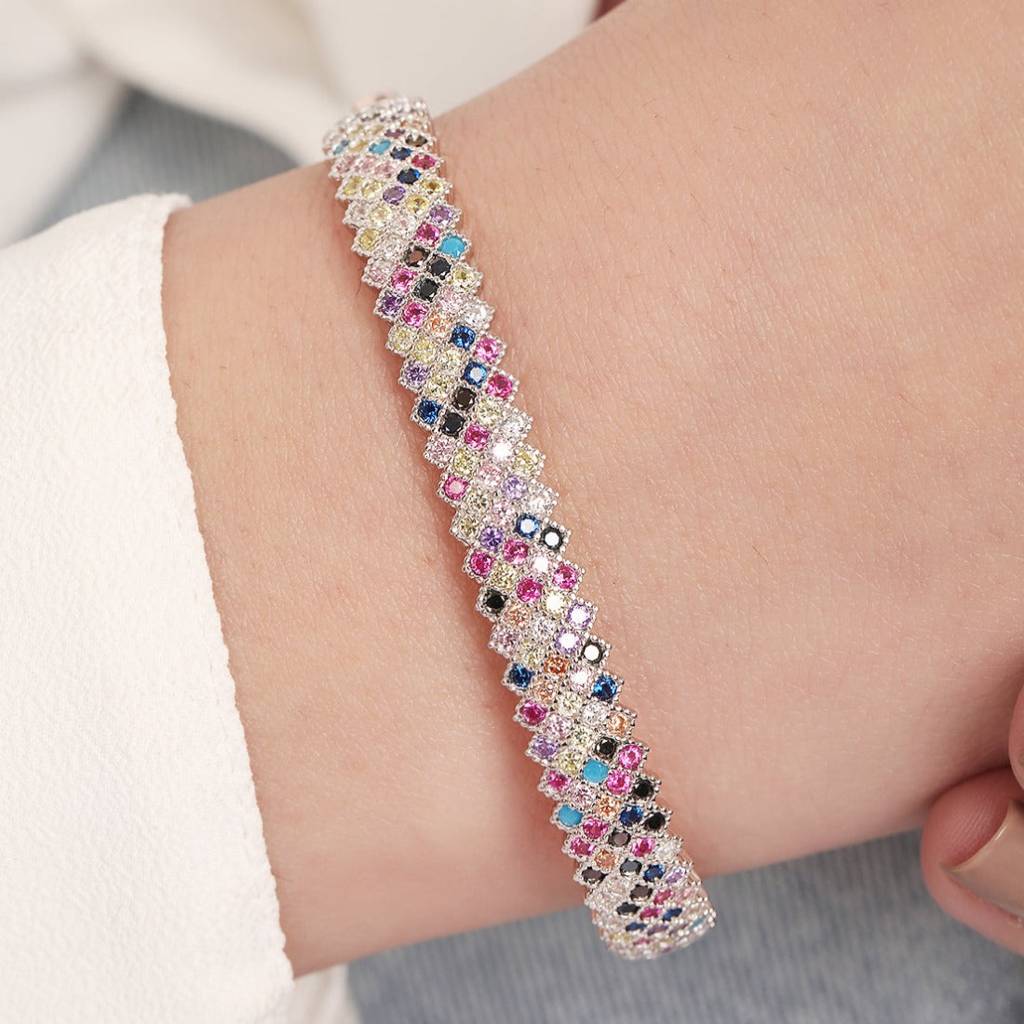 Radiant Elegance Coloured Cz Rhodium-Plated 925 Sterling Silver Kada Bracelet : BR-80334-R