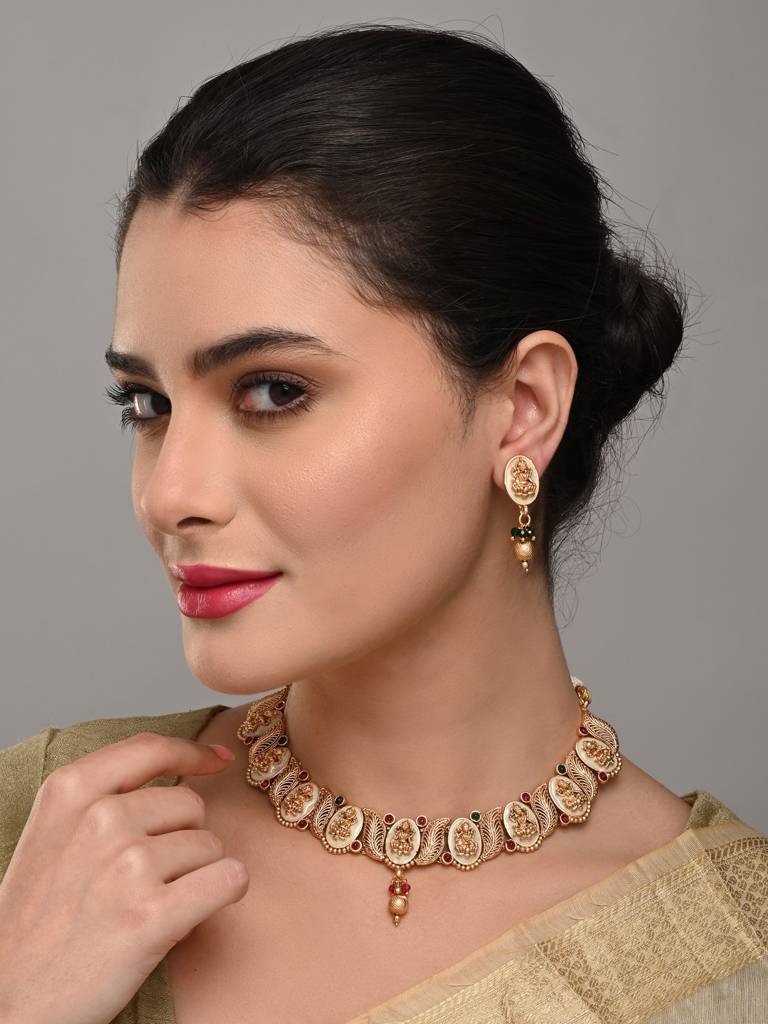 Anvik Temple Style Necklace Set With Lakshmi On Mother Of Pearl