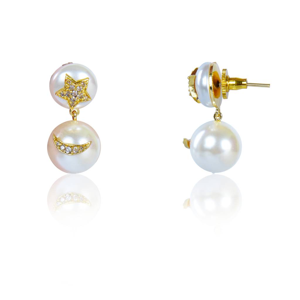 Star And Half Moon Pearl Earrings : IE895