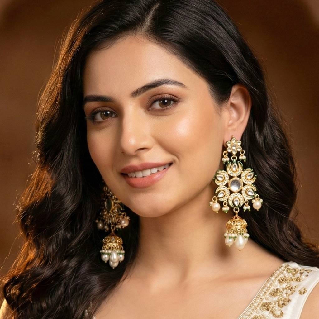 18K Gold Plated Kundan Jhumka With Green Back Meenakari Earrings : 1320-J5EK-2301-W