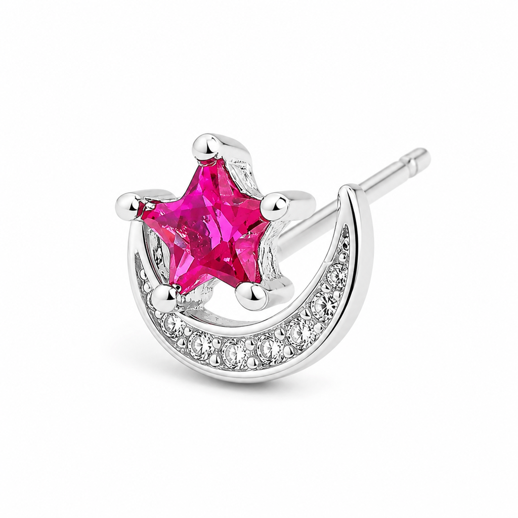 Silver Ruby Star Moon Spark Stud : WER00074