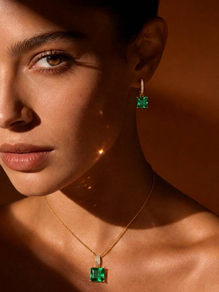 Square-Cut Pendant Necklace & Huggie Earring Set : SET1010EQSD