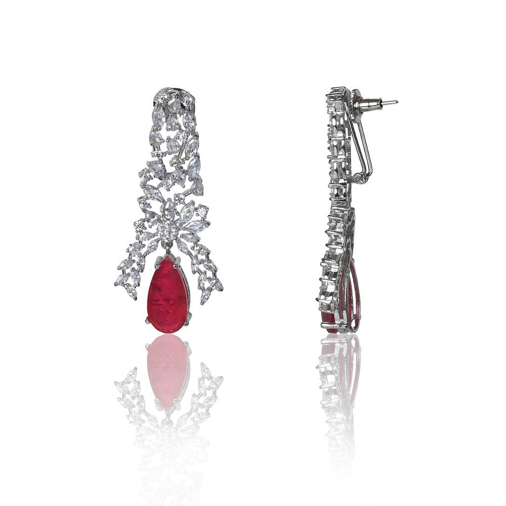 Cocktail Zircon And Red Dangler Earrings