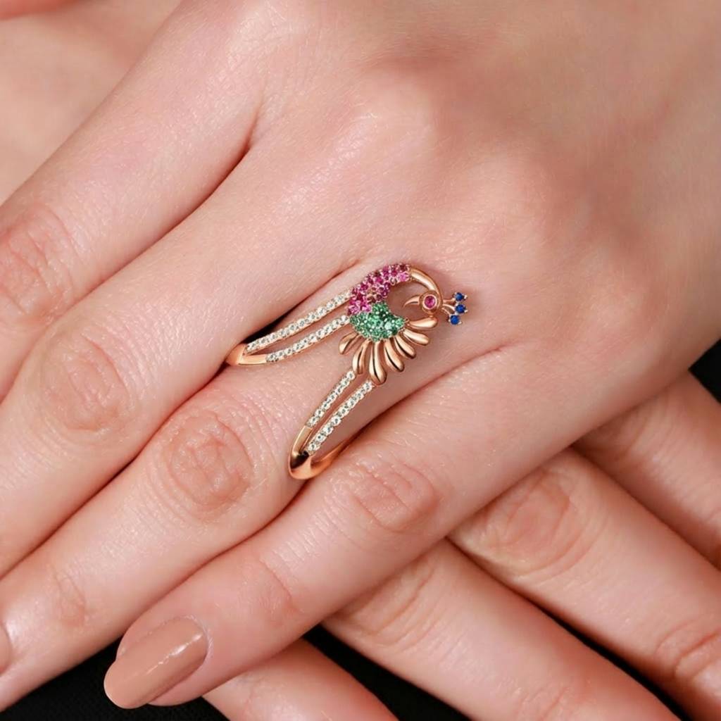 Regal Peacock Multi-Cz Rose Gold-Plated 925 Sterling Silver Ring : RNG-40374-RG