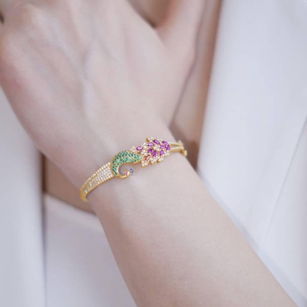 Feathered Fantasy Gold Plated 925 Sterling Silver Peacock Bracelet : BR-80176