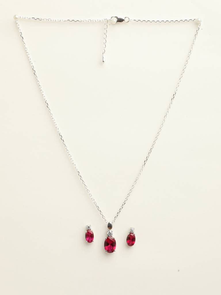 92.5 Sterling Silver Rhodium Plated Swiss Zirconia Blood Red Oval Pendant Earring Chain Jewellery Set Gift Fo : CSCLRP5E5OV_RU