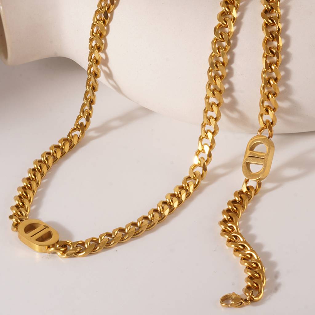 18K Plated Waterproof Antitarnish Link Necklace And Bracelet Set For Women : AMO0924NB689GC
