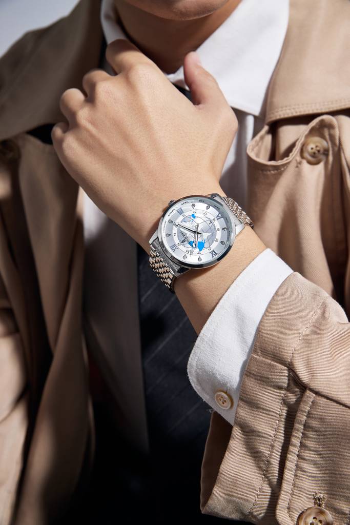 Baker Collection Analog Quartz Watch For Men With Stainless Steel Strap, Luminous Hands And World Map Dial Design : LFM10009-11