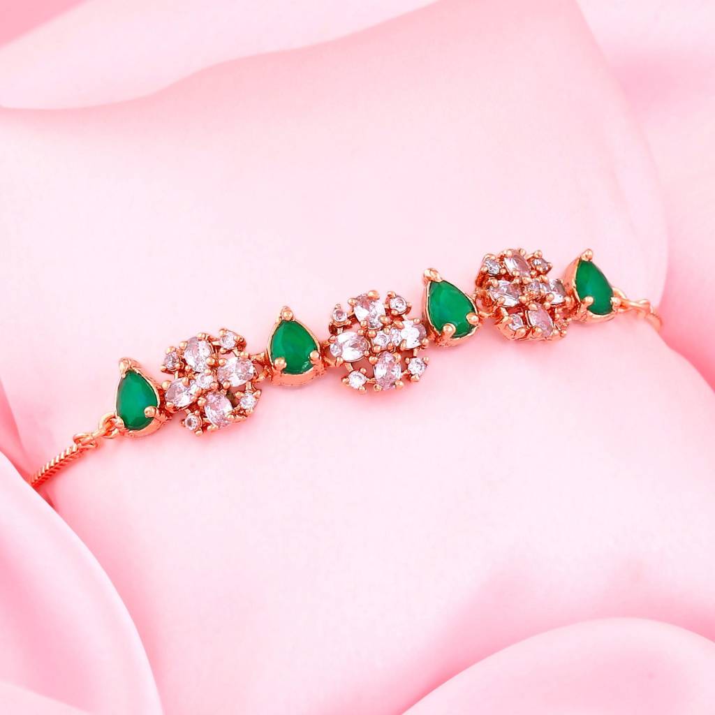 Estele Rose Gold Plated Cz Flower Designer Bracelet With Green Stones For Girls & Women