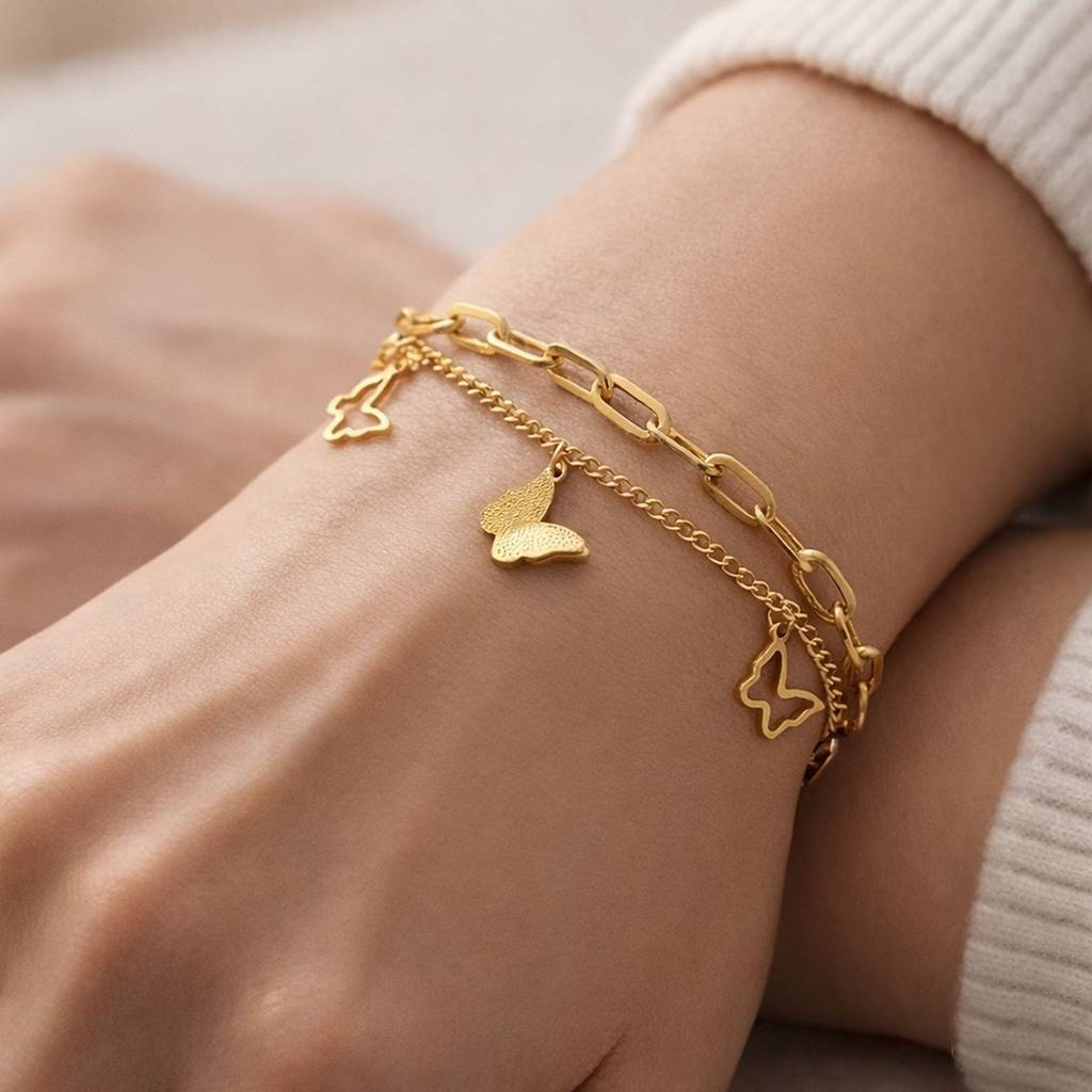 Gold Plated Layered Butterfly Charm Anti-Tarnish Bracelet : HSPS60MB1533