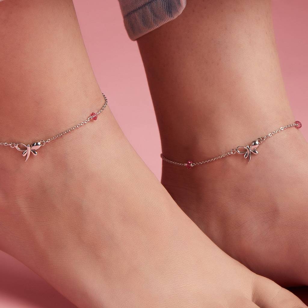 Butterfly With Studded Stone 925 Sterling Silver Anklets : ANK-60141-PAIR