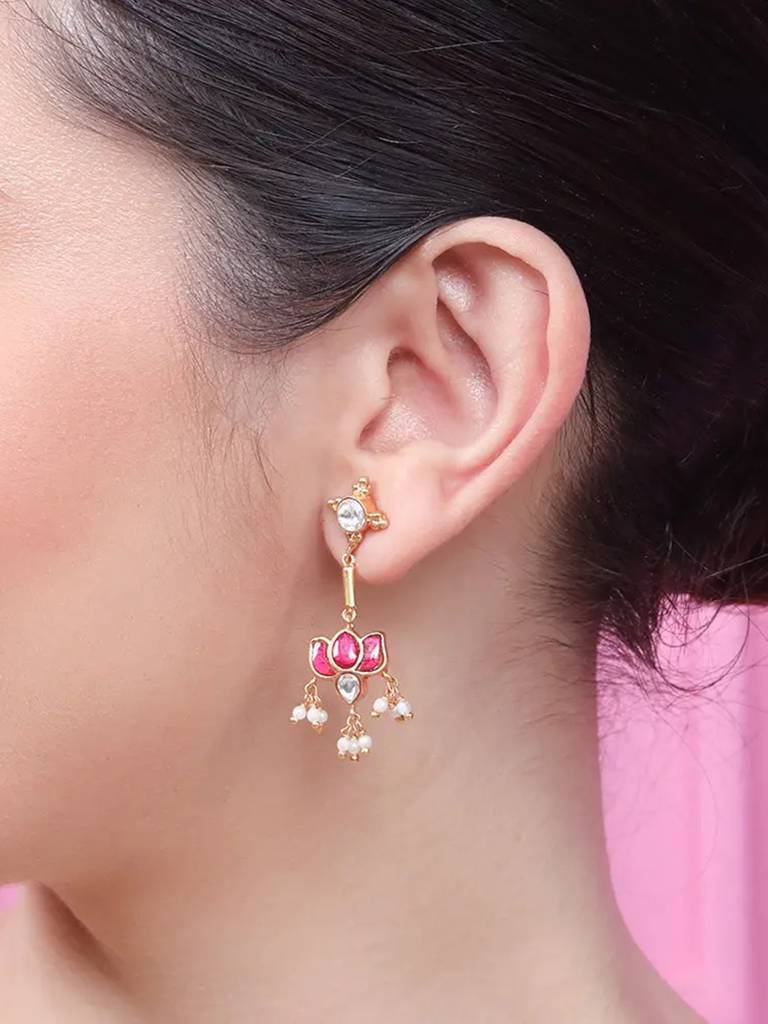 Cute Silver 92.5 Lotus Kundan Earring : U080SG009E1176
