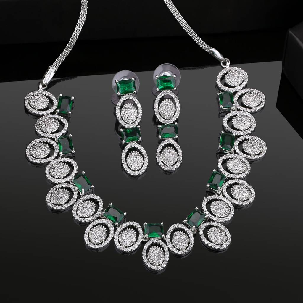Estele Rhodium Plated Cz Mesmerizing Necklace Set With Green Crystals For Women