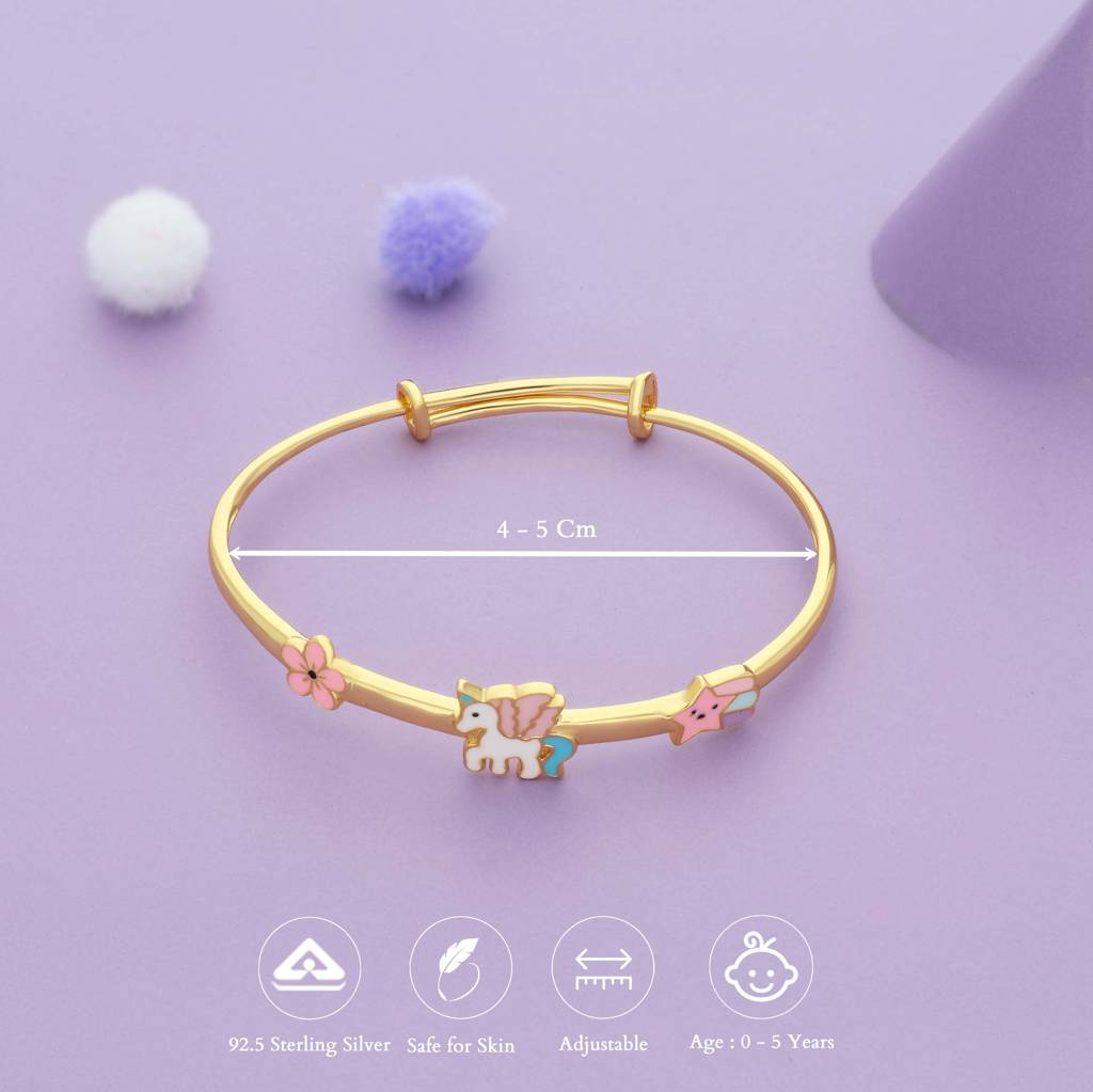 Unicorn Blossom Spark Gold Polish 925 Silver Kid Bangles (0-5 Yrs) : KB-CC-GO-U-128-P