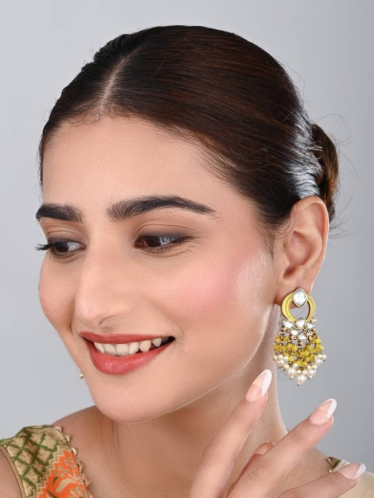 Gold-Plated Meenakari Stud Earrings With Kundan & Pearl Cluster Drops : S24FAER408YLW