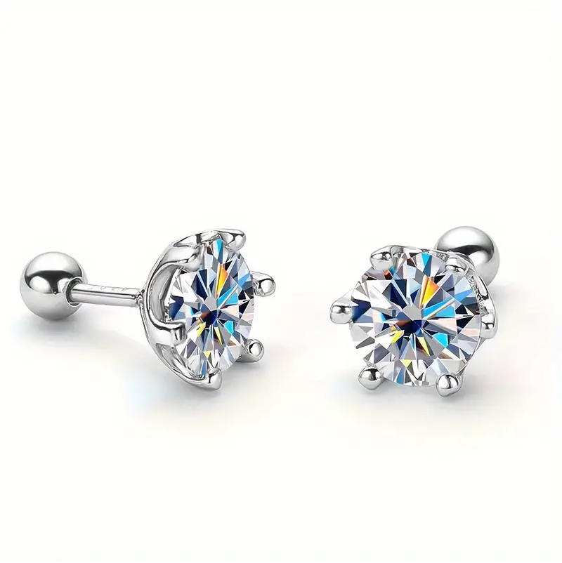 Single Piece Round Radiant Sterling Silver Moissanite Stud Earrings For Men : Round_ScrewBack_0.5ct_Men