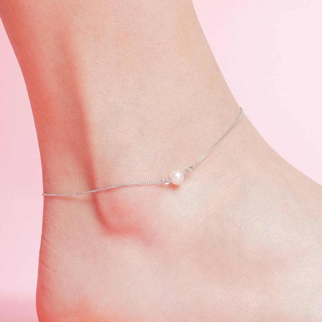 White Pearl Rhodium Plated 925 Sterling Silver Chain Anklet : ANK-60260-PAIR