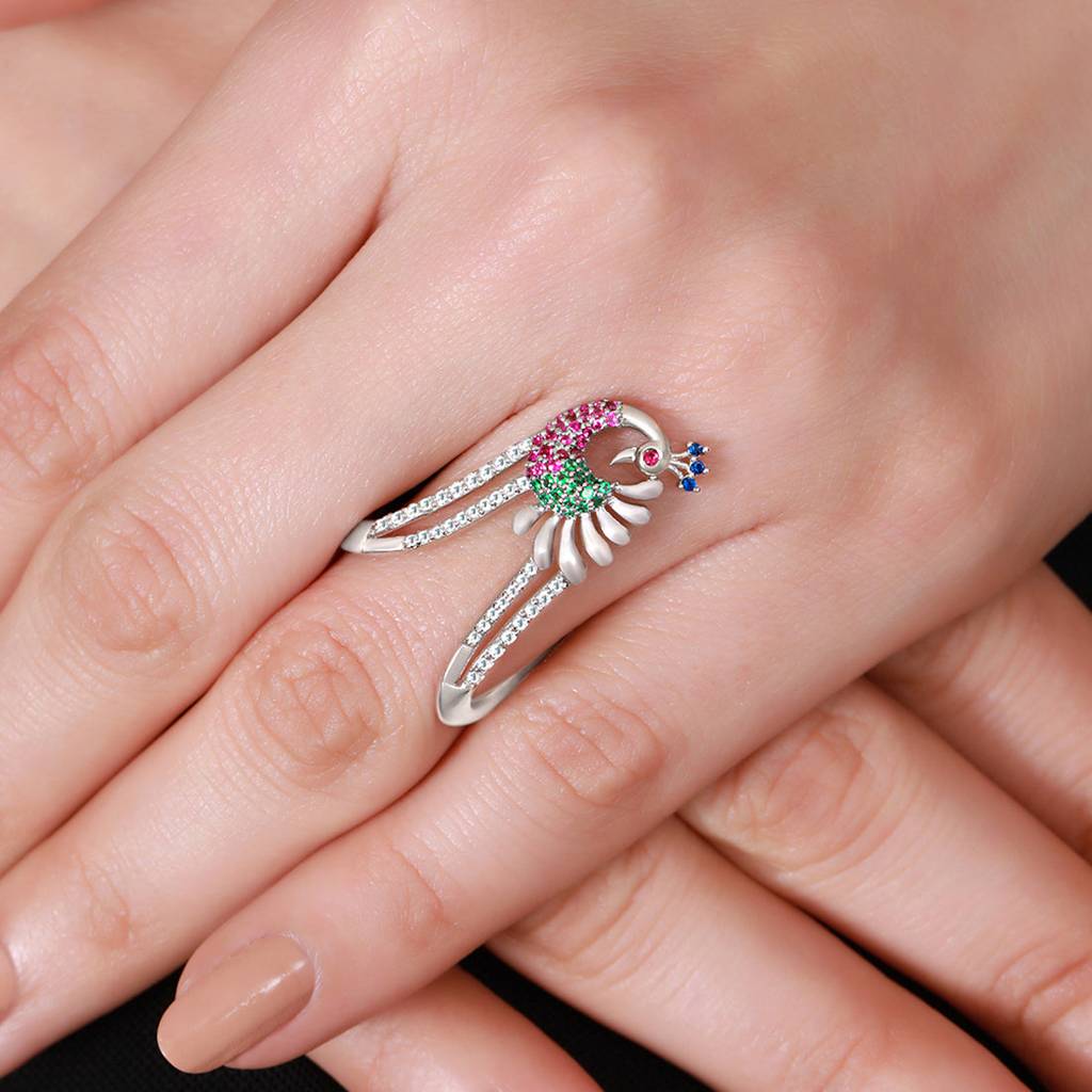 Regal Peacock Multi-Cz Rhodium-Plated 925 Sterling Silver Ring : RNG-40374-R