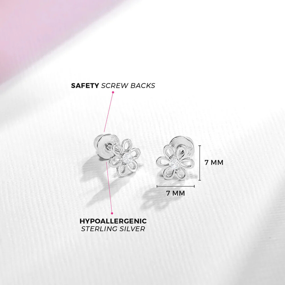 Blooming Spring Flower Earrings For Children With Cubic Zirconia And Sterling Silver : KS-WG-0006