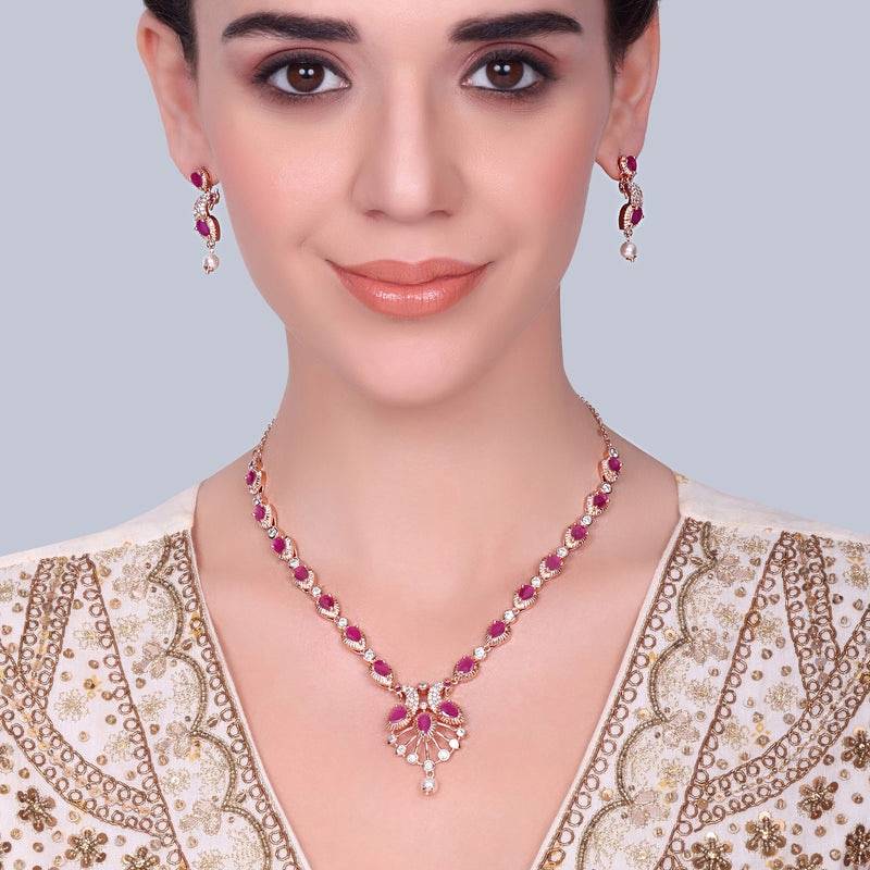 Morbagh Party Wear Dazzling Cz Necklace Set : AD-910-RGRBNKER