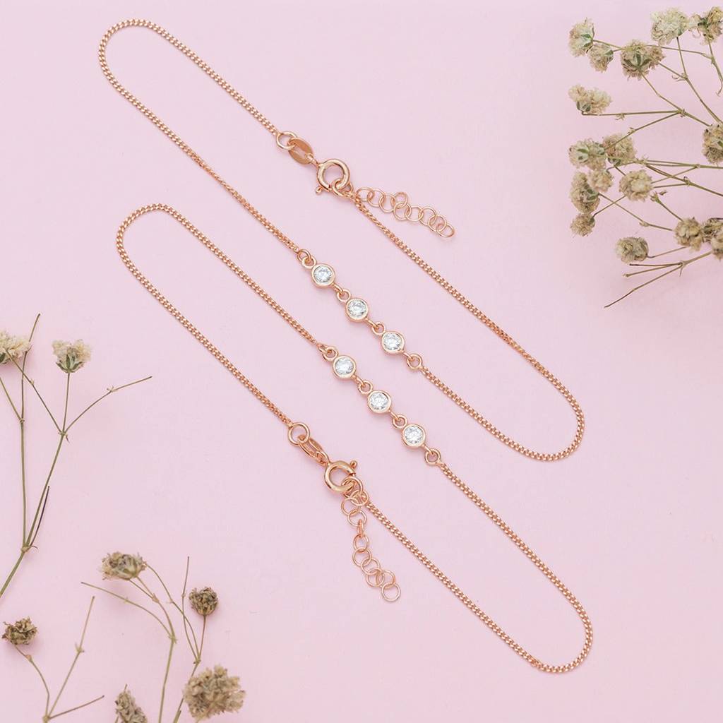 Radiant Cz Rose Gold Whispers 925 Sterling Silver Chain Anklet : ANK-60133-PAIR-RG