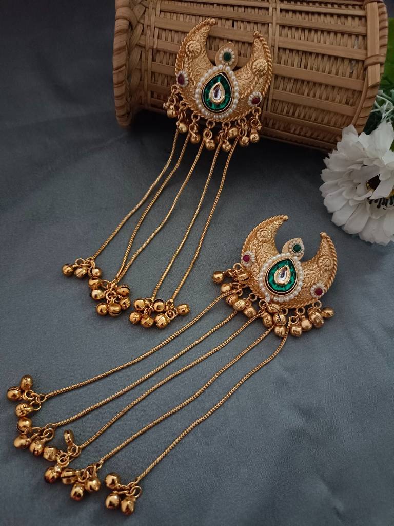 Brass-Plated Pachi Kundan & Ghungaroo Beaded Kashmiri Crescent Shaped Drop Earrings : VS105314