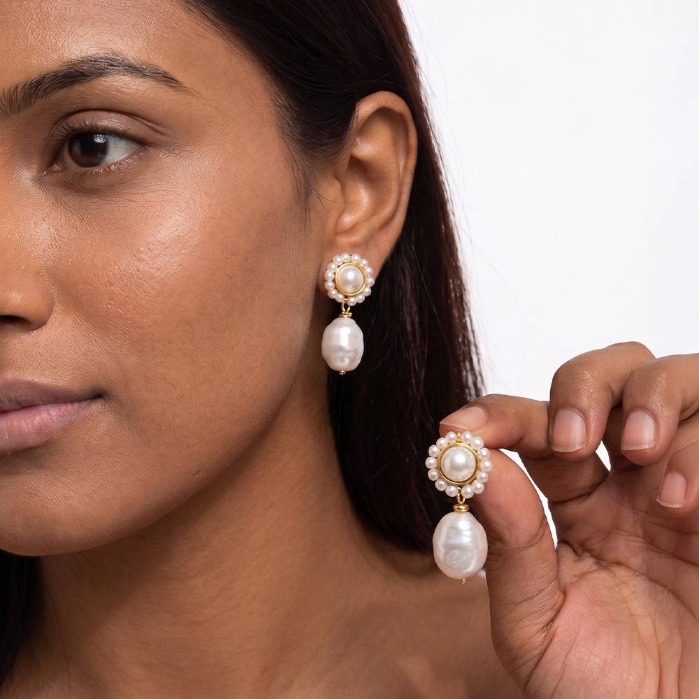 Women 18K Gold-Plated Pearl Halo Baroque Pearl Drop Earrings : 101241