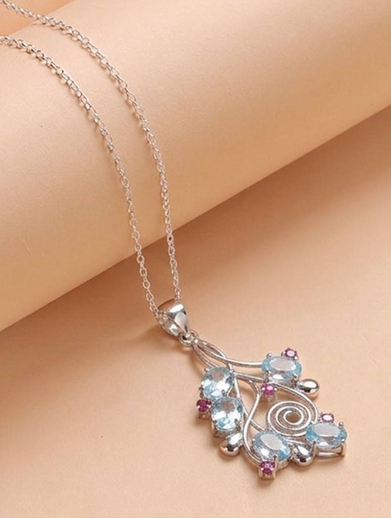 925 Sterling Silver Blue Topaz Pendant With 18 Inch Chain Handmade Gemstone Necklace For Women Elegant Jewelry Gift : FU-1055
