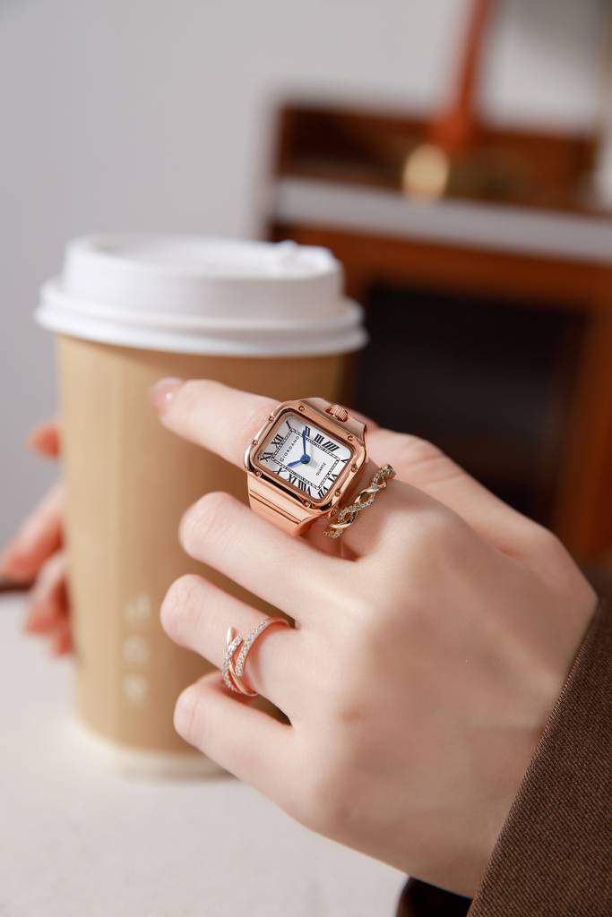 Analog Ring Watch For Women With Rectangular Dial, Roman Numeral Markers, Blue Hands, Quartz Movement And Stainl : GZ-60186-22