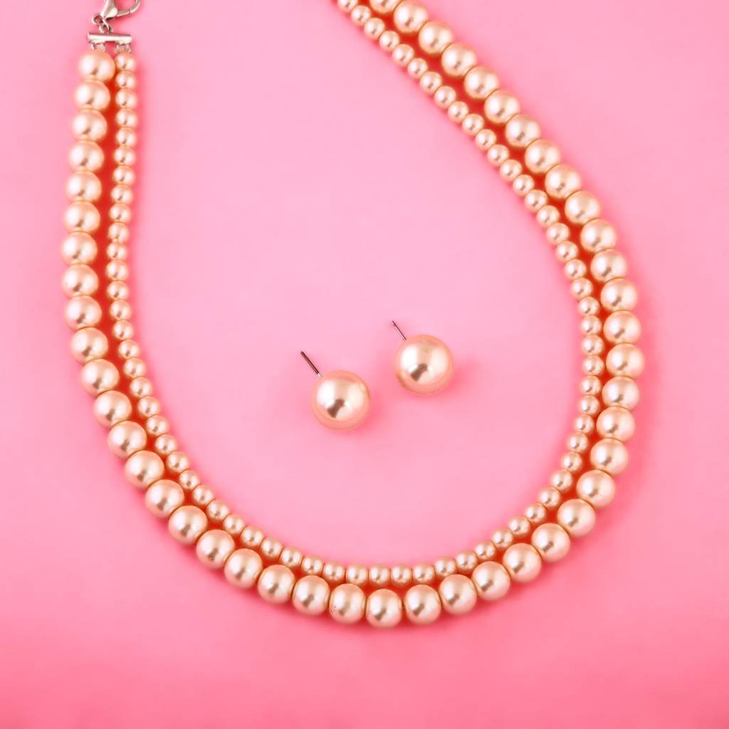Estele Rhodium Plated Beautiful Double Line Pearl Necklace Set For Women