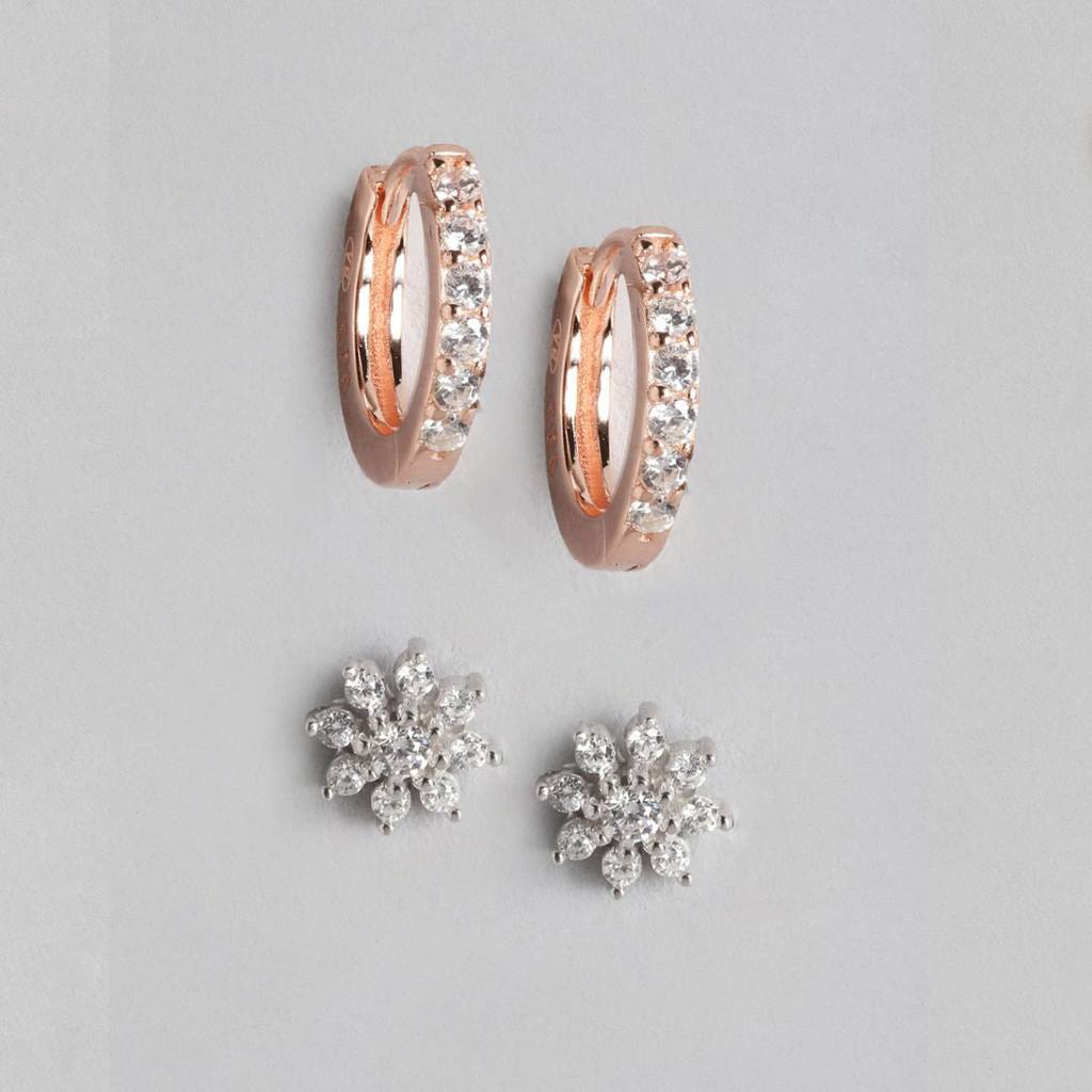 Floral Studs And Hoop 925 Sterling Silver Combo Earring : CEAR-10029