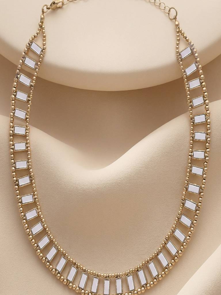 18K Gold Plated Refined Stone Studded Baguette Link Necklace Anti Allergenic For Women : SCDELNL0398