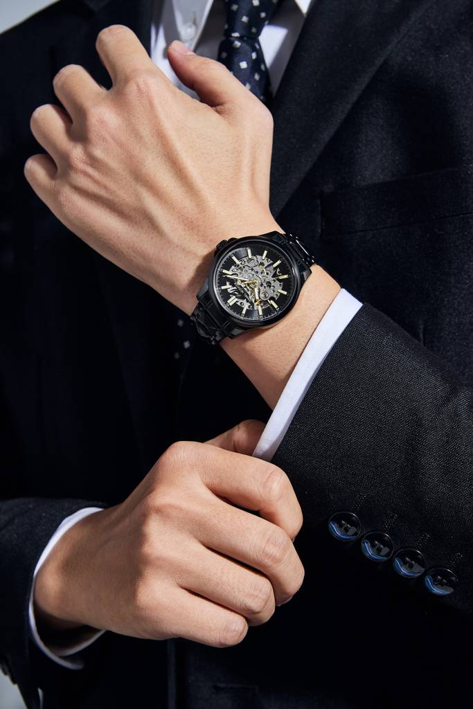 Paris Tech Collection Automatic Skeleton Wrist Watch For Men – Sunburst Dial, Stainless Steel Strap, Mechanical M : DHM1068-11