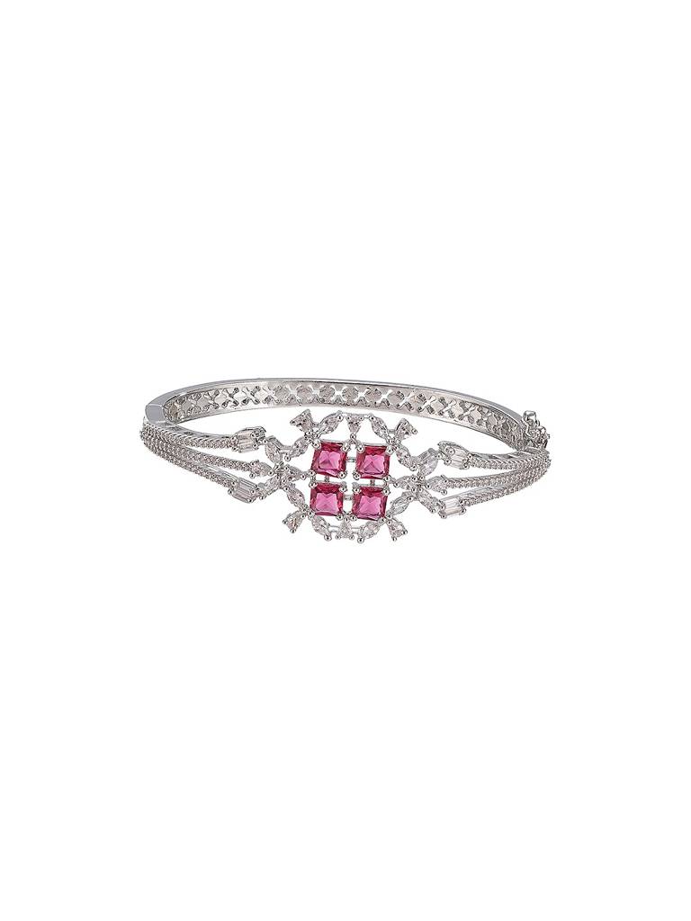 Silver Plated Ruby Red  Cubic Zirconia Geometric Luxe Bridal Kada Bracelet : SJBR2937