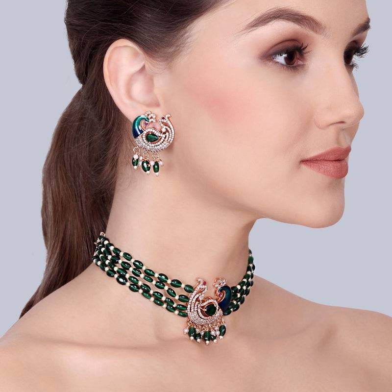 Traditional Peacock Design Cz Stone Beaded Choker Set : AD-935-RGGNNKER