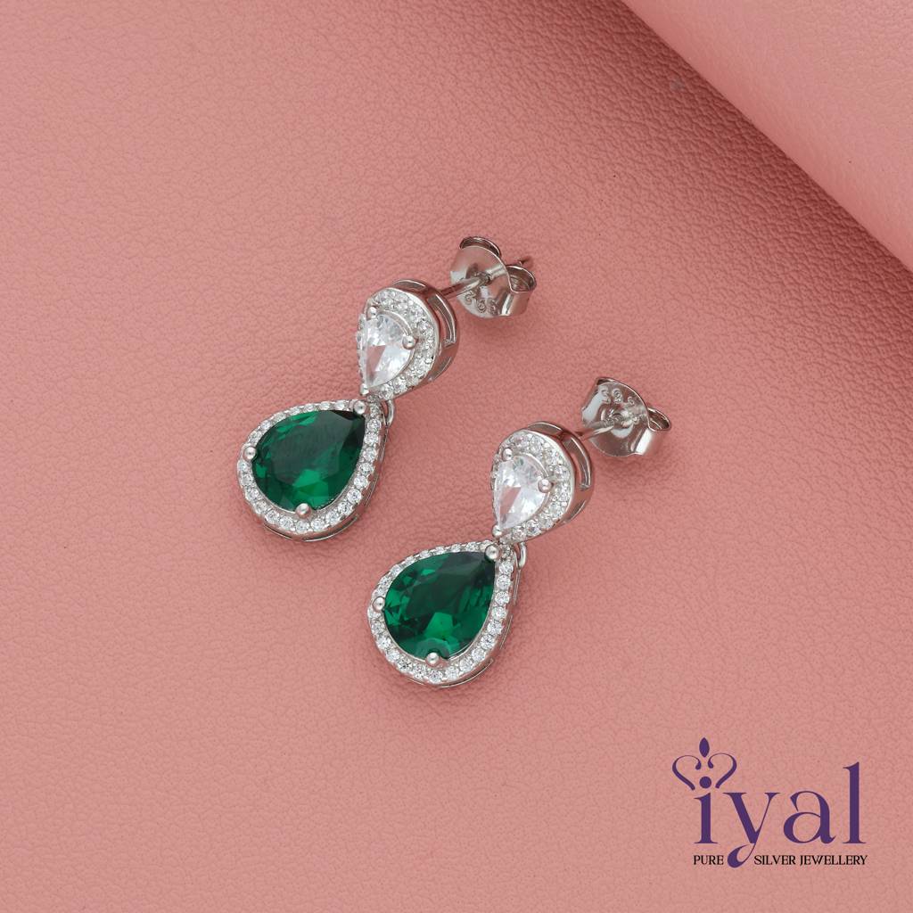 Charming Green Stone Silver Drop Earrings : ED-6