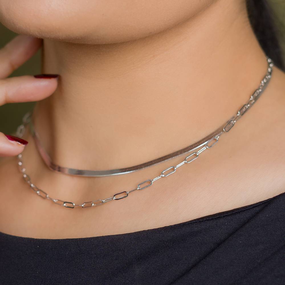 925 Silver Paperclip And Herringbone Necklace Set | : NL1056